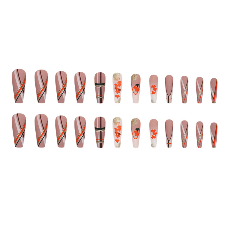 Chaud brun longue rayure de ballet feuilles Instagram vent automne élégant blanchiment faux fini amélioration des ongles_voghion.com