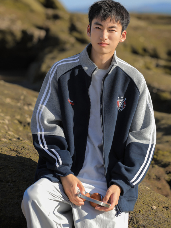 美式撞色插肩袖开衫卫衣男秋季潮牌宽松立领棒球服情侣运动风外套|undefined