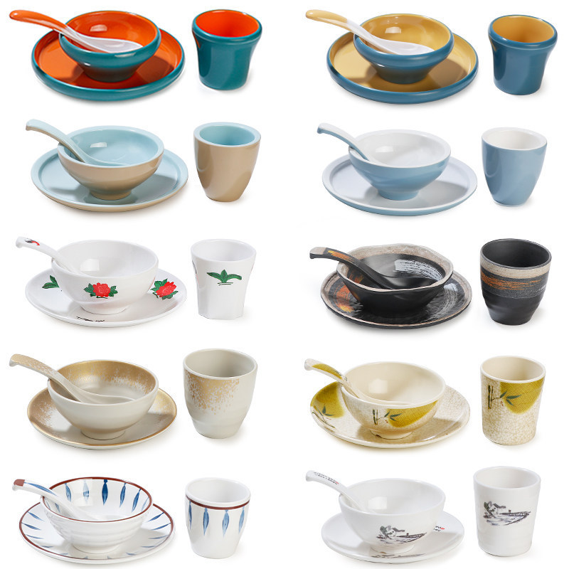 Melamine Japanese-style four-piece tableware set for barbecue and hot pot restaurants, commercial imitation porcelain bowl and plate set Melamine Japanese-style four-piece tableware set for barbecue and hot pot restaurants, commercial imitation porcelain bowl and plate set