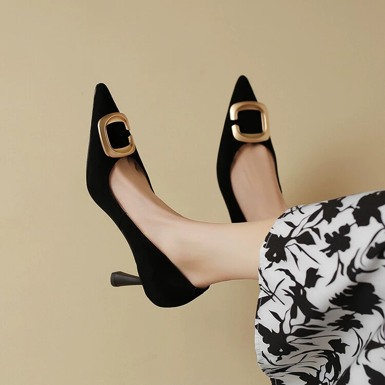 Женские туфли-лодочки на шпильке во французском стиле, новинка 2025 года, замшевые, с острым носком, на высоком каблуке, с квадратной пряжкой, с неглубоким вырезом, элегантные модные туфли для женщин