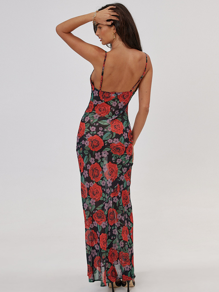 Femmes Robe À Bretelles Vacances Col En V Impression Dos Nu Sans Manches Fleur Maxi Longue Robe Banquet Goûter Bar display picture 16