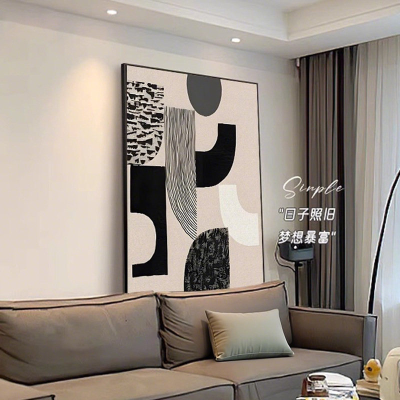 Black and white art abstract entrance painting facing the door large sofa background wall floor hanging painting living room decorative painting
