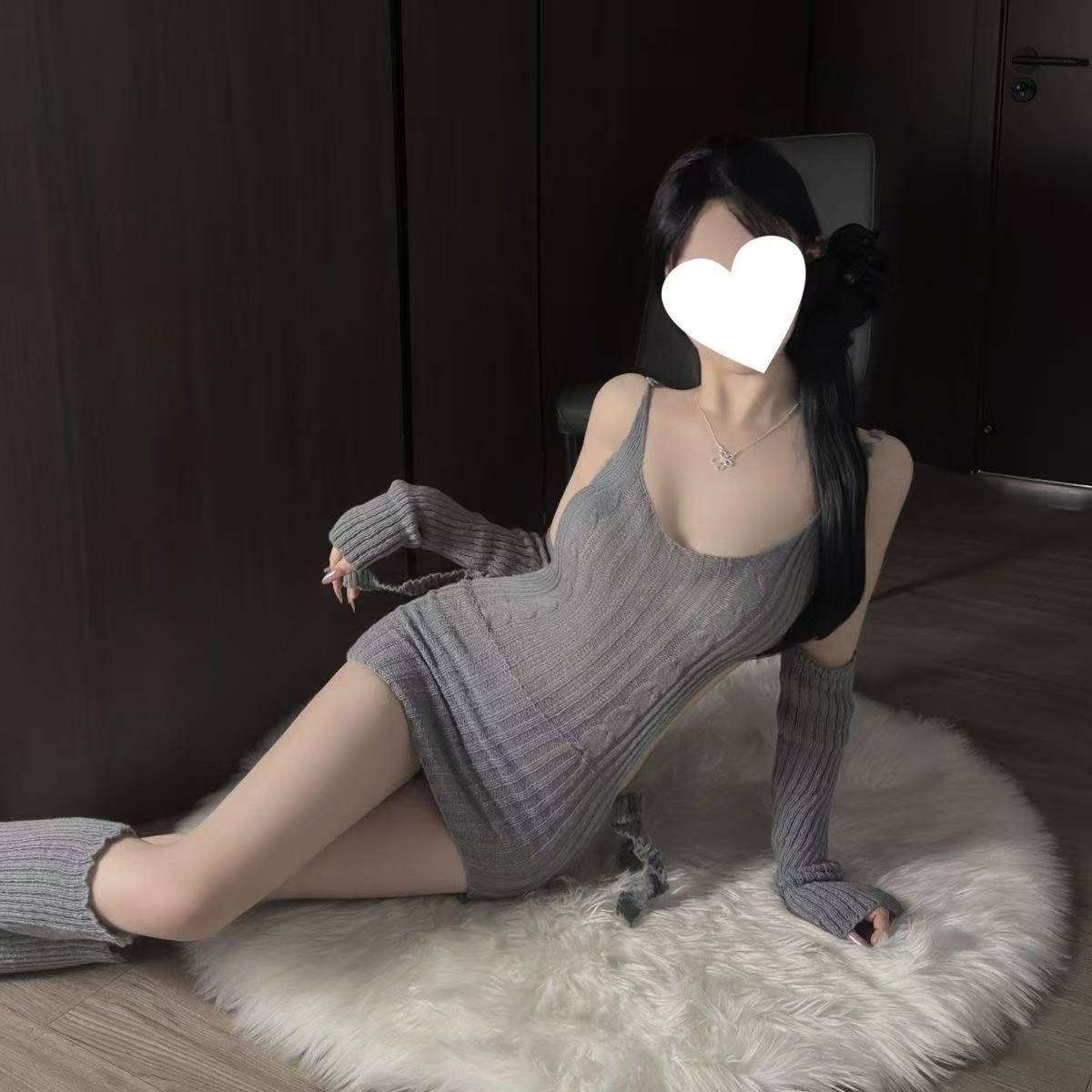 Japanese-Style Maid Roleplay Lingerie Set, Backless Sweater Top with Grey Bodystocking — detail image 3
