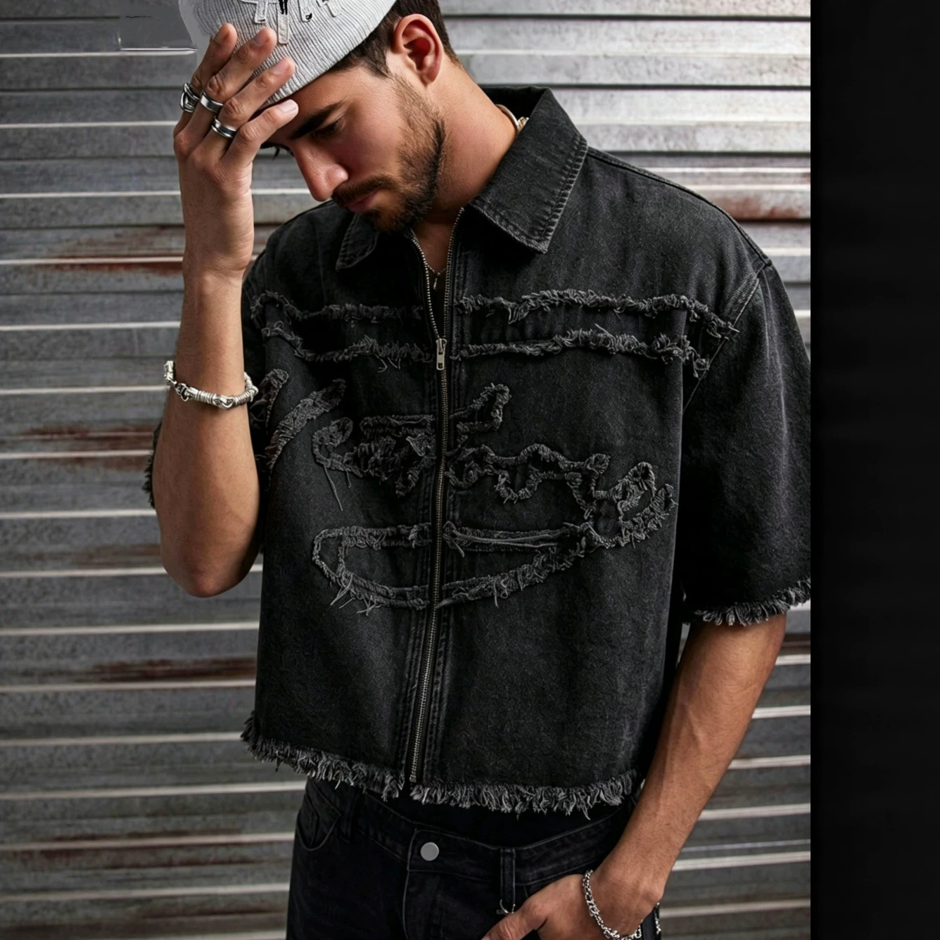 European Size [Men's Cross-Border Hot Item] Men's Blue Denim Shirt with Long Sleeves and Zipper Design, New Spring and Autumn Style