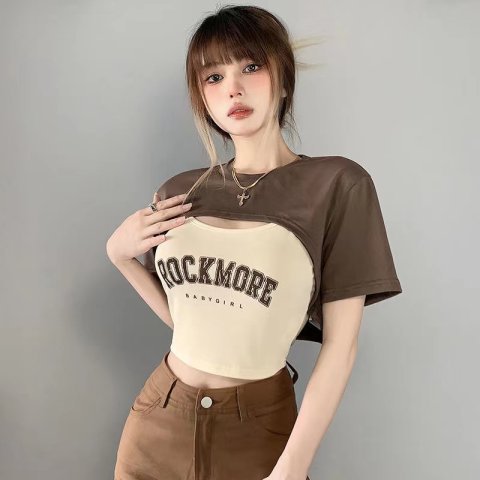 冰丝螺纹街头吊带罩衫两件套ins印花特色镂空拼接短袖T恤