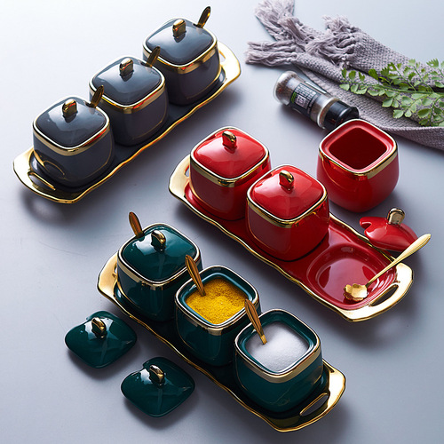 Light luxury Phnom Penh ceramic seasoning jar kitchen supplies seasoning jar set household seasoning box three-piece set salt shaker wholesale