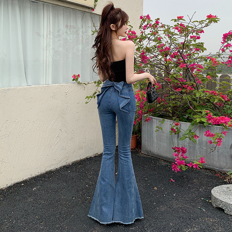 Three-Dimensional Bow Jeans for Women 2025 Summer New Style European Style High-Waisted Versatile Slimming Look Buttocks Flared Pants