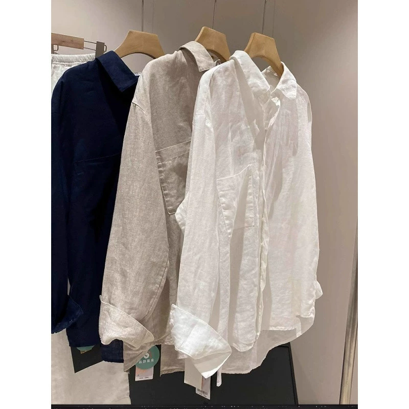 Летняя женская рубашка-жакет из льна YS8 в ретро стиле «old money», белая, с защитой от солнца, легкая, свободного кроя, дышащая.