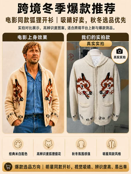 2026 Autumn and Winter Cross-Border Hot-Selling Fox Jacquard Cardigan, Unisex Loose Knit Jacket
