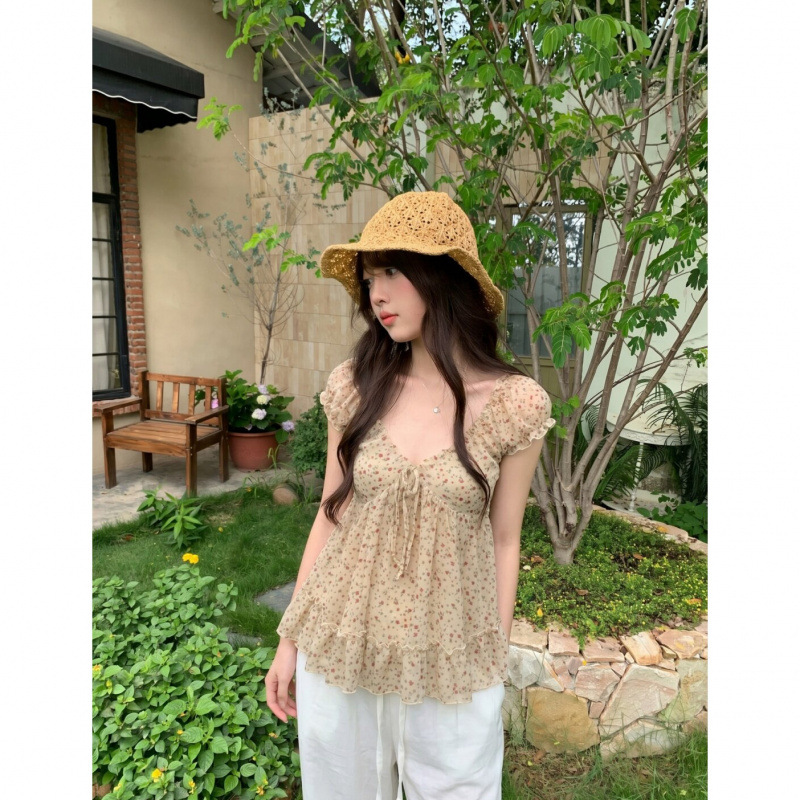 原版面料 甜美短袖V领系带碎花泡泡袖衬衫夏季新款收腰显瘦上衣女