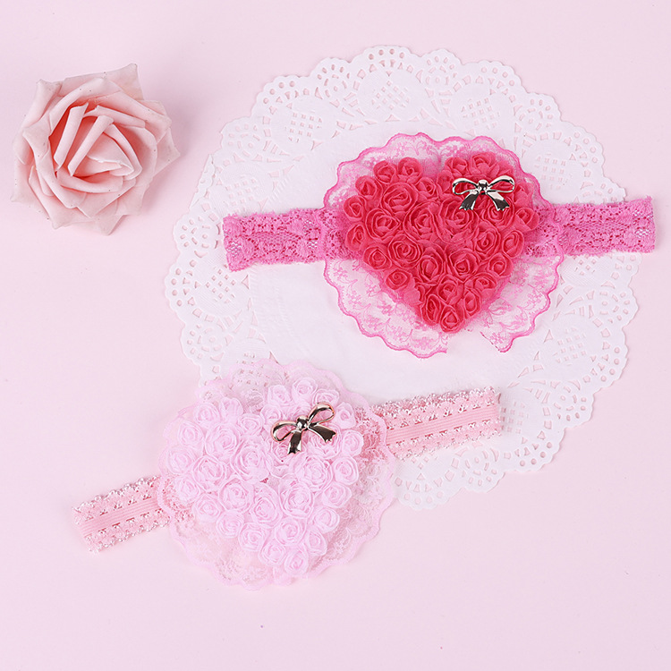 Children's Headwear Wholesale Love Lace Elastic Headband Small Bow Embroidered Heart Headband display picture 3