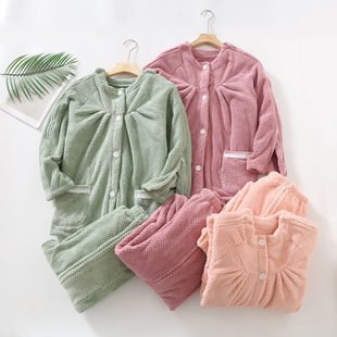 Autumn and Winter fleece-lined coral fleece nursing clothing thickened hospital gown full open wear and take off convenient bed fracture