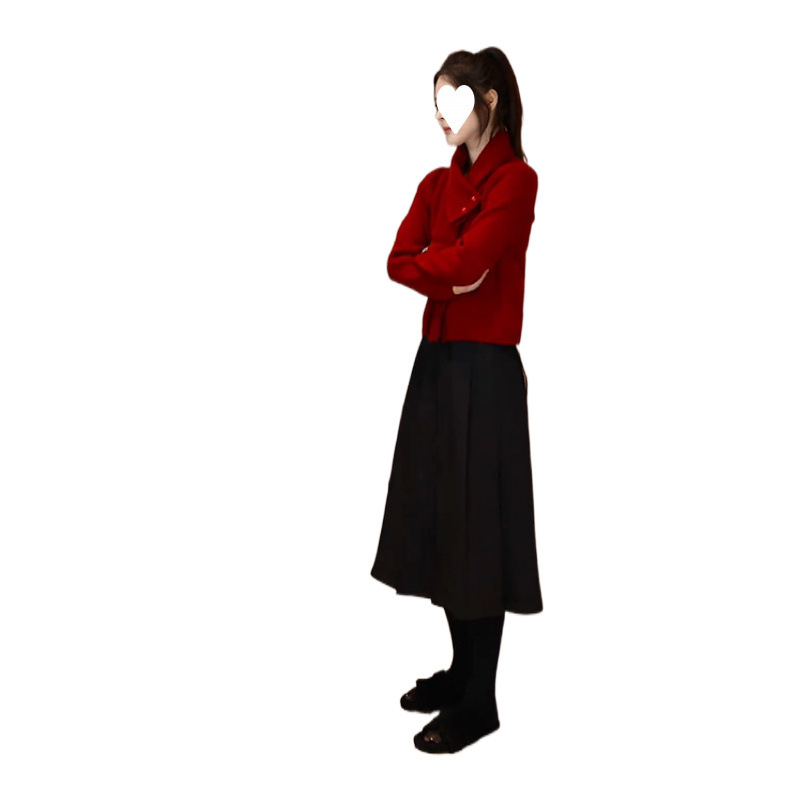 가을 여성의 2025 새로운 한국식 탈착식 스카프 스웨터 올 매치 슬리밍 오버 스커트 투피스 세트