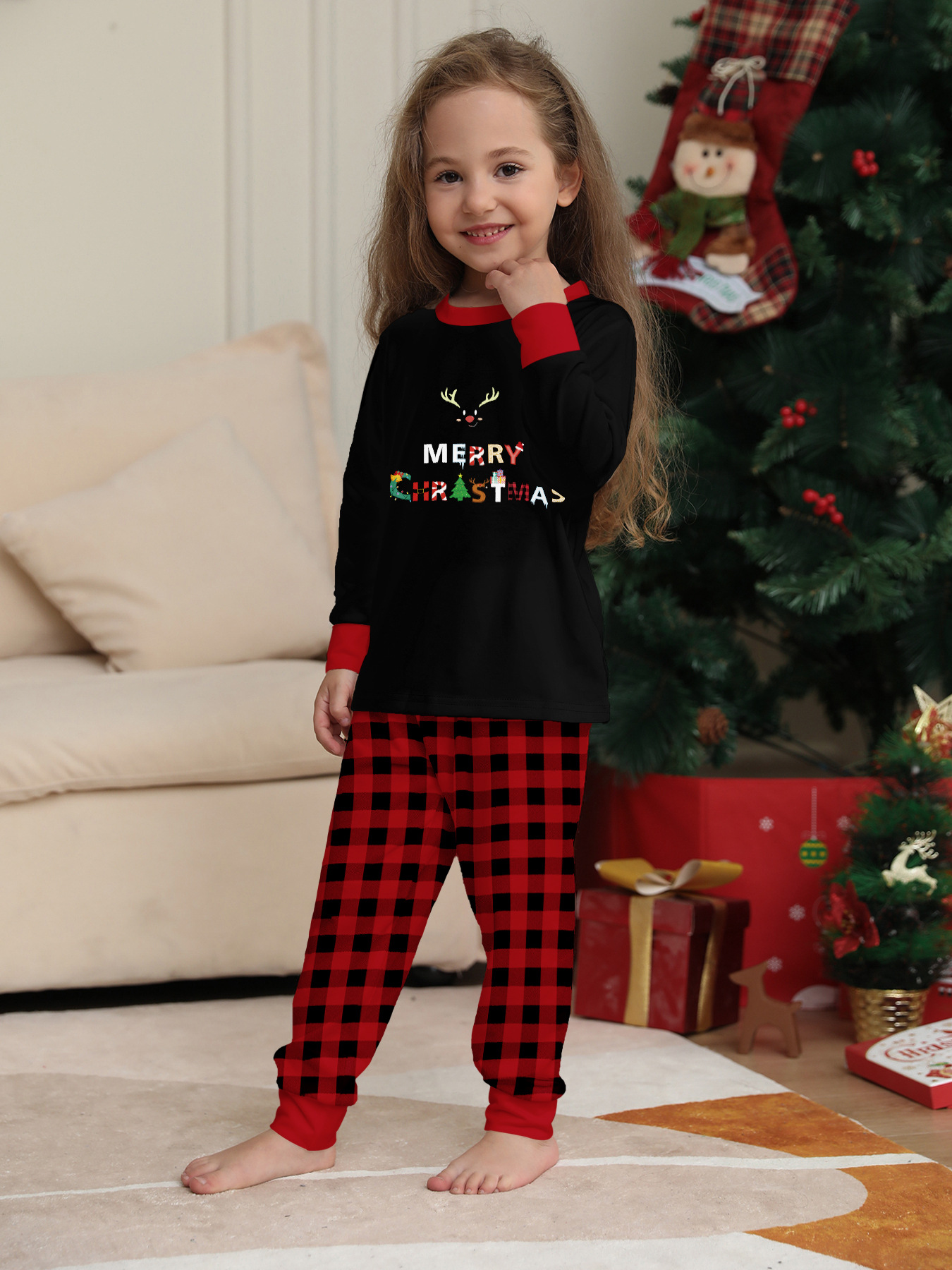 Christmas Christmas deer letter plaid Christmas family print home dress pajamas_voghion.com