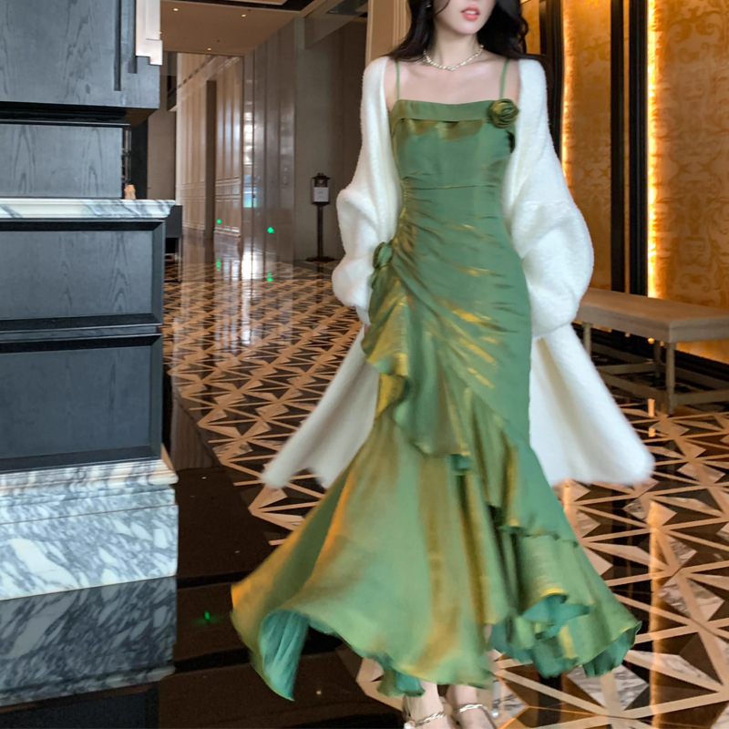 Mermaid-Style Dress with High-End Feel, Cocktail Dress, Spaghetti Strap Dress, New Early Spring French-Style Long Dress for Women