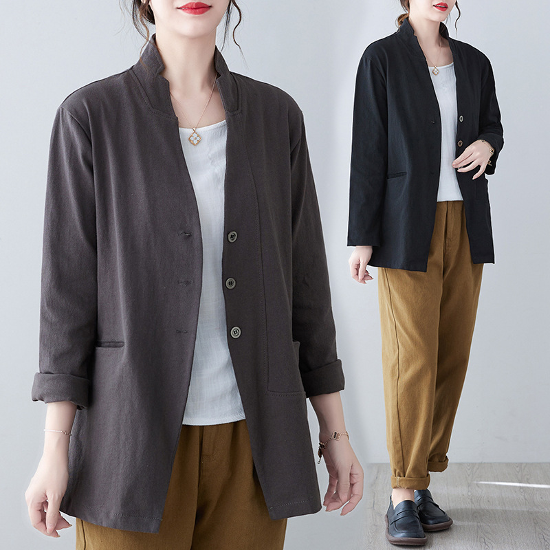 Real Shot of 2025 Spring & Fall New Style Literary Retro Loose Casual Versatile Stretch Suit Casual Long-Sleeved Jacket for Women
