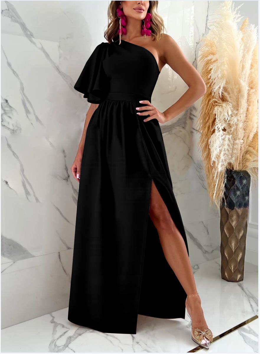 Elegant Solid Color Diagonal collar Short Sleeve Slit Polyester Maxi Long Dress Slit Dress