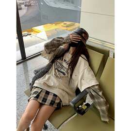 特大码300斤胖拼接格纹长袖卫衣女春秋款时尚正肩假两件上衣