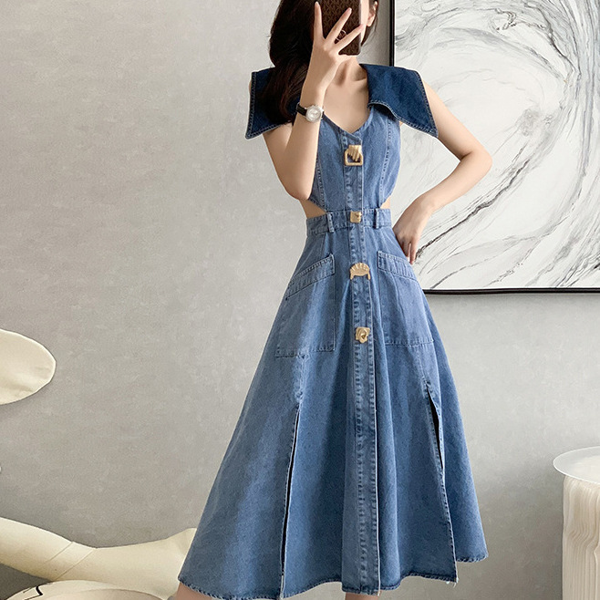 Korean style design navy collar exposed waist high waist Denim dress large swing split sexy long skirt spring and autumn new arrival Korean style design navy collar exposed waist high waist Denim dress large swing split sexy long skirt spring and autumn new arrival