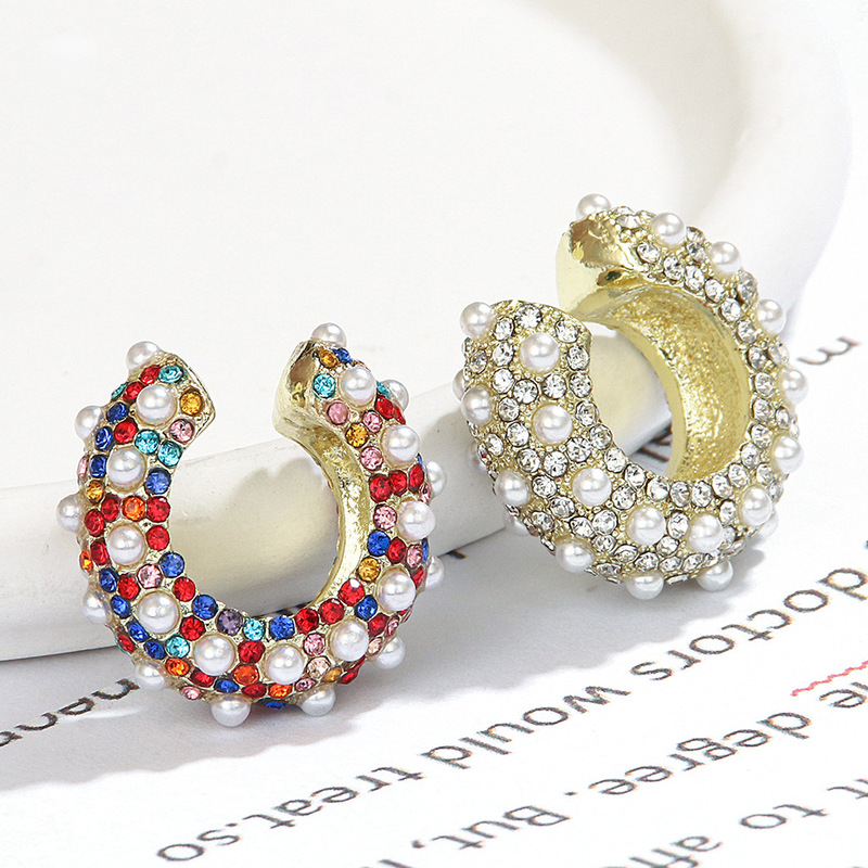 European and American Colorful Diamond-Encrusted Non-Pierced Ear Clips Metal Rainbow C-Shaped Ethnic Style Ear Bone Clips Retro Pearl Earrings for Women