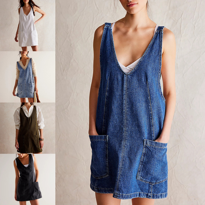 European and American 2024 Summer New Cross-border Amazon Women's Denim Strap Pocket Adjustable Mini Dress Multi-color European and American 2024 Summer New Cross-border Amazon Women's Denim Strap Pocket Adjustable Mini Dress Multi-color