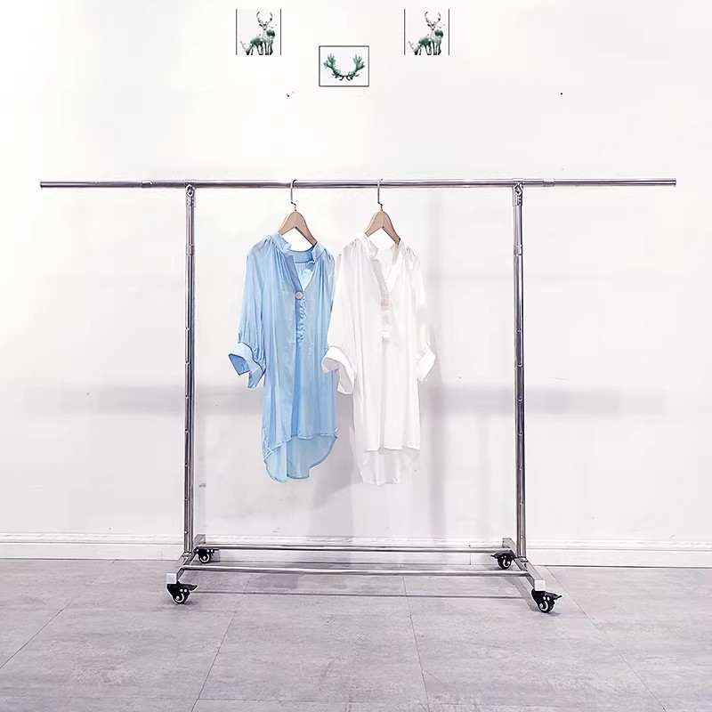 Estante de exhibición de ropa de acero inoxidable de una sola barra tipo piso estante de ropa altura ajustable telescópico pórtico de isla media