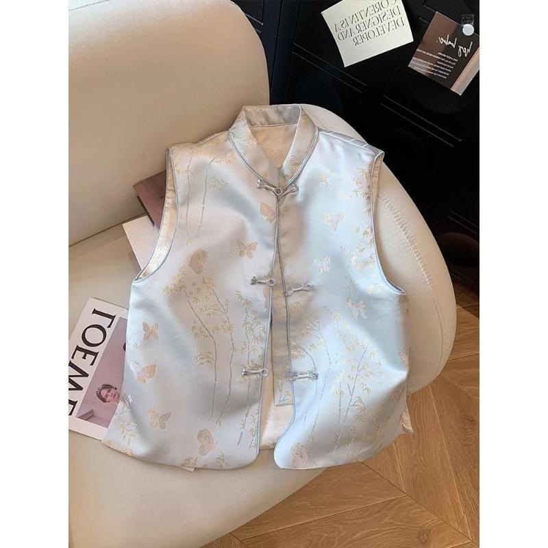 New Chinese-Style Retro Jacquard Stand-Collar Buttoned Vest Jacket for Women, Spring High-End Elegant and Age-Reducing Sleeveless Vest Trendy