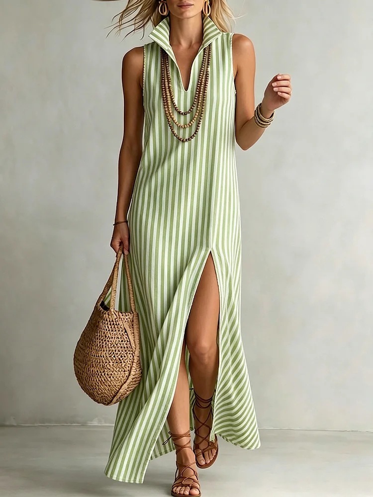Women's Clothing Striped Stand Up Collar Sleeveless Slit Maxi Dress Women's For Formal & Casual For Women Printed V Neck_ecoleips.com