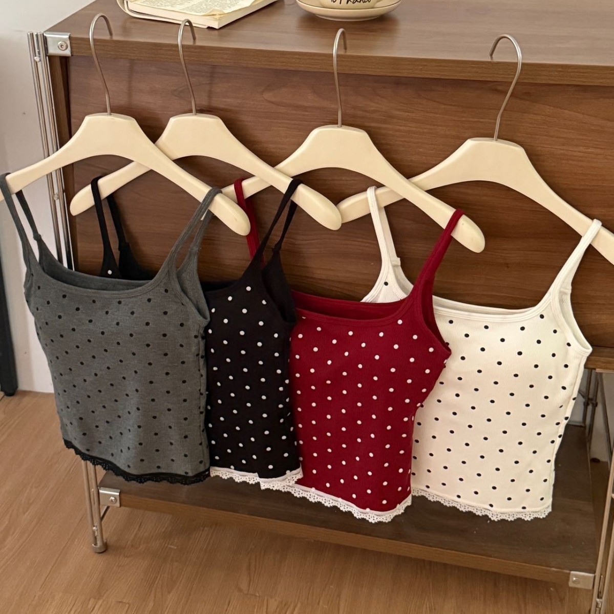 Autumn and Winter Brushed Polka Dot Lace Camisole Women's Fixed Cup Inner Wear Comfortable Slimming Look Bottoming Top