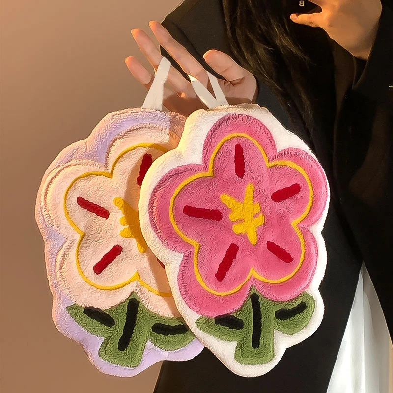 [Pack of Two] Cute Flower Hand Towel Hanging Thickened Embroidery Water-Absorbent Quick-Drying Bathroom Kitchen Handkerchief Towel