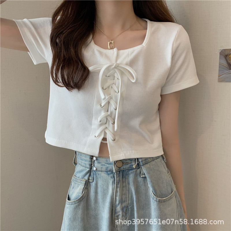 Trendy Drawstring Short-Sleeve T-Shirt for Women, Summer 2026 New Style, Pure Desire Style, Slim Fit, Short Design Top