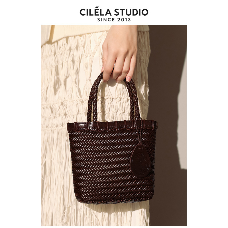 [Top Grain Leather] Handmade Woven Vacation Style Genuine Leather Handbag, Market Basket Tote Bag For Women, Summer - Thumbnail 4