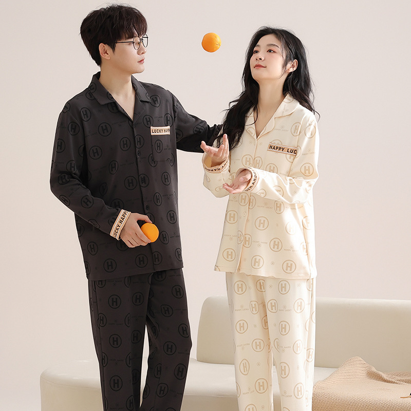 Spring Fashion High-grade Cotton Long-sleeved Cardigan Couple's Pajamas Women's Casual Cotton Men's Home Clothes suit Autumn Spring Fashion High-grade Cotton Long-sleeved Cardigan Couple's Pajamas Women's Casual Cotton Men's Home Clothes suit Autumn