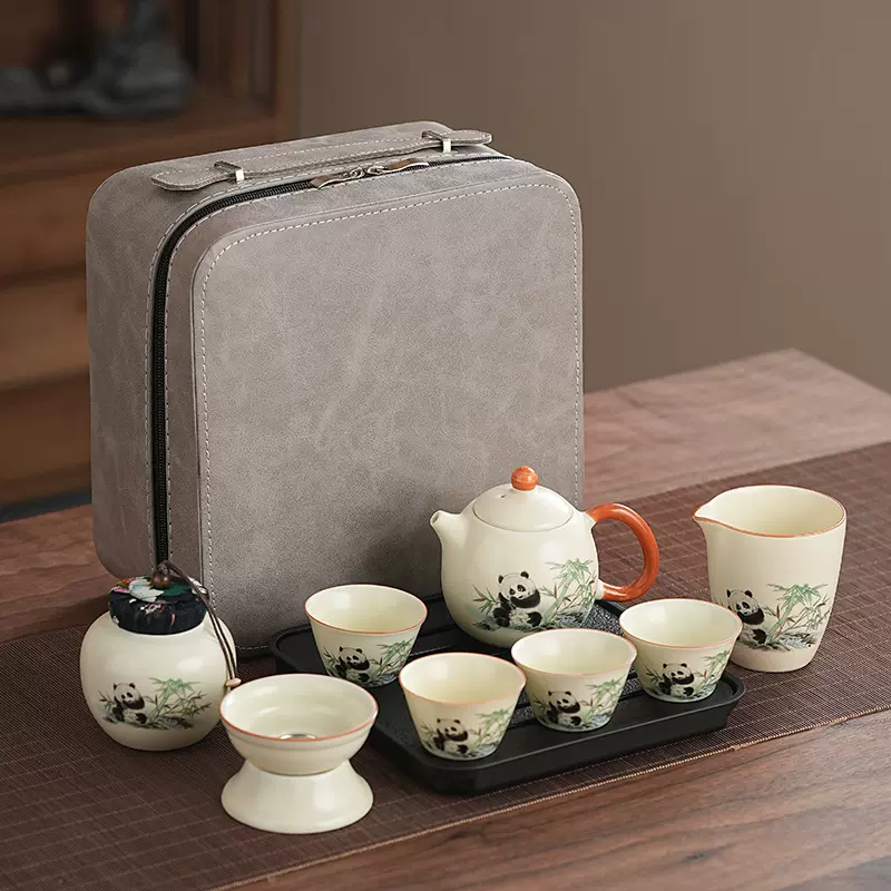 文创陶瓷茶具套装带盘泡茶壶熊猫汝窑户外功夫伴手礼商务制作批发