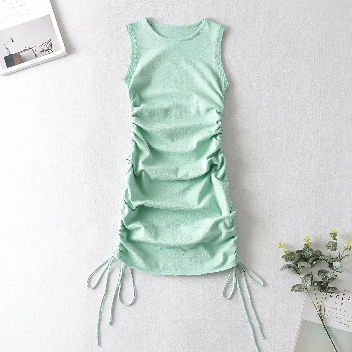spring round neck knit double side drawstring dress NSAM25630