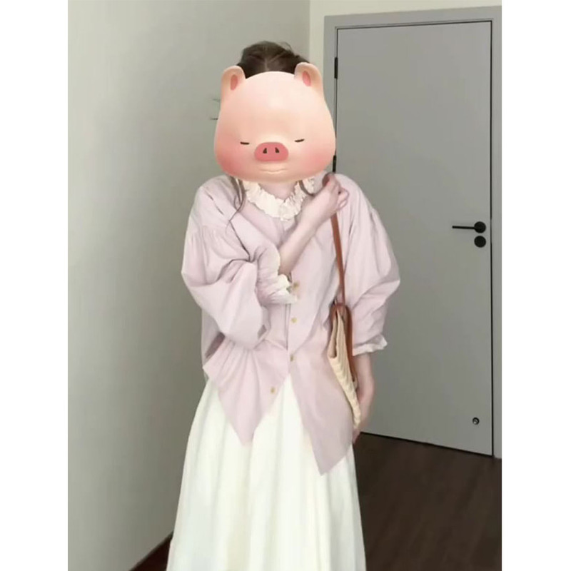 Japanese-Style Preppy Literary Temperament Lace Round-Neck Pink Long-Sleeved Shirt for Women New Style