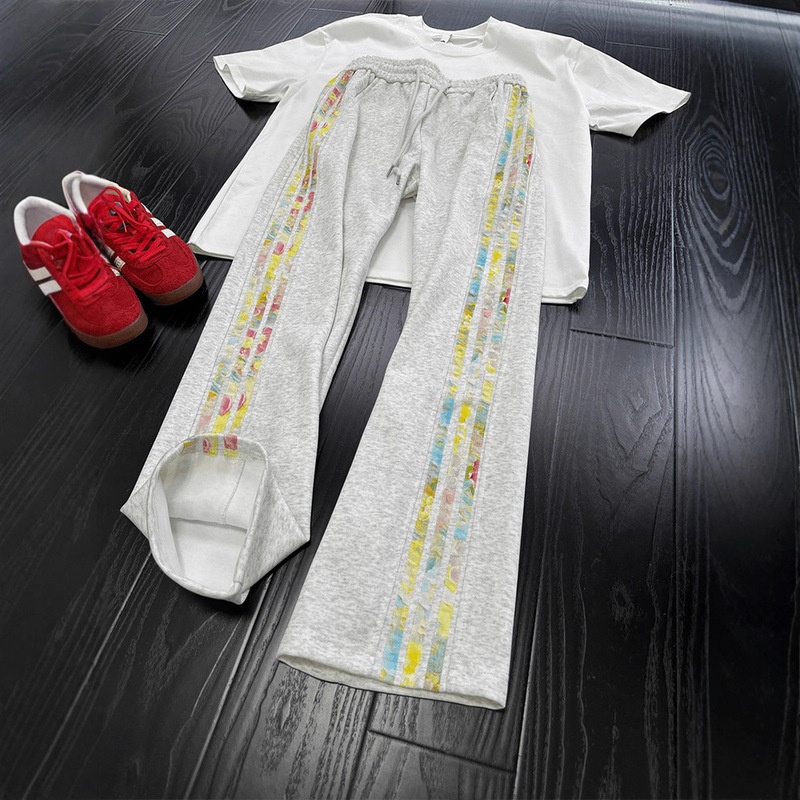 American Retro Colorful Floral Three-Stripe Pants Men's Autumn Heavy Drape Sweatpants Straight-Leg Sports Casual Pants
