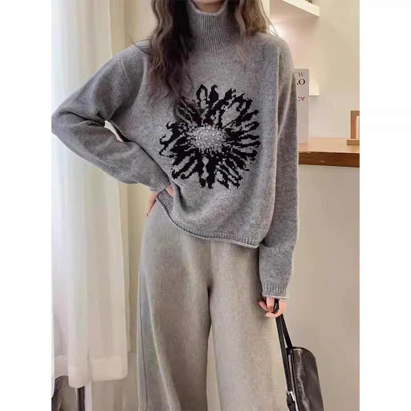레트로 자카드 패턴 하이넥 스웨터 여성용 가을 겨울 신상 루즈핏 롤업 밑단 따뜻한 니트 스웨터 부드럽고 아늑한 분위기
