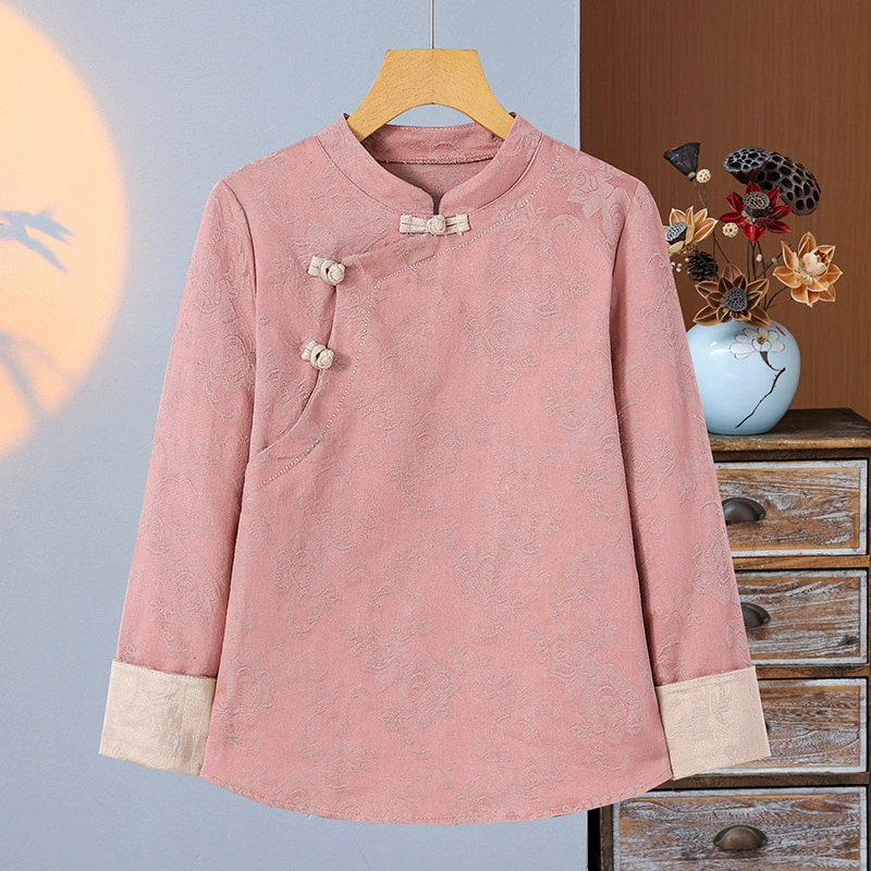 Ретро пуговица хлопчатобумажная рубашка с длинными рукавами 2025 весна и осень новая женская китайская стойка с воротником