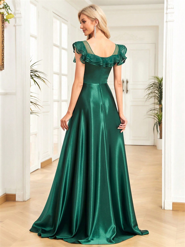 Women Satin Sleeveless V neck Flounce Cocktail Evening Dress