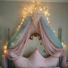 新款公主床幔床头纱床帘装饰纱幔家用卧室可爱蕾丝大毛球彩珠镶边