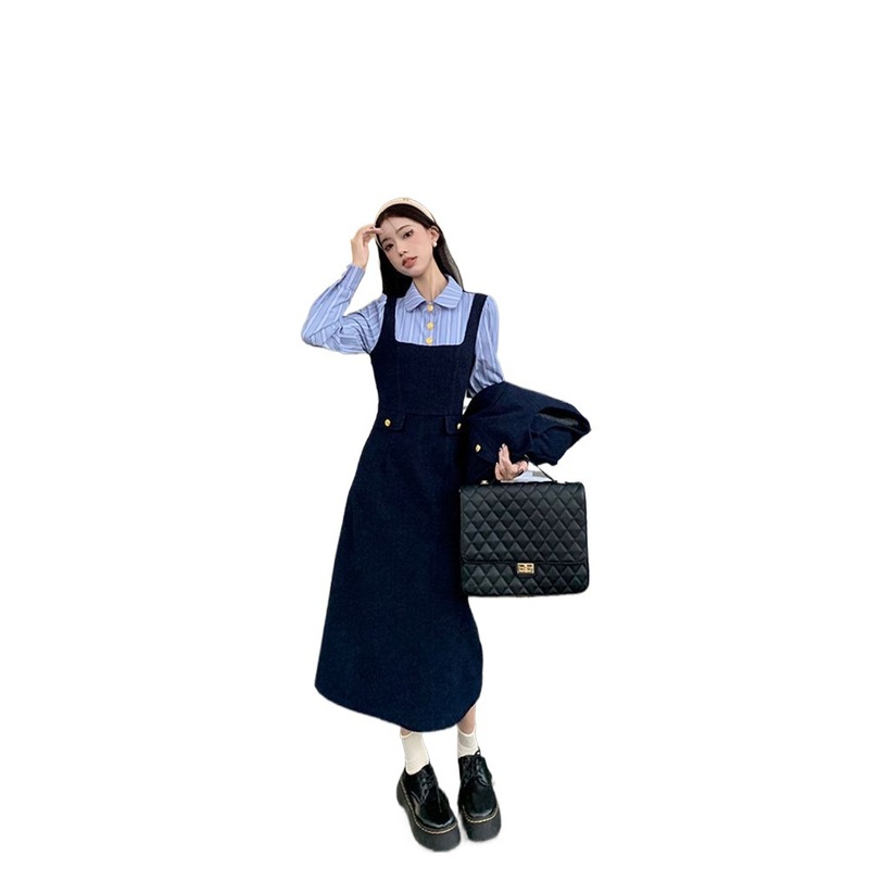 法式小香风长袖外套条纹拼接连衣裙女秋冬2025新款时尚两件套|undefined