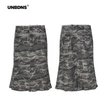 UNBDNS牛仔半身裙女2025新款包臀高腰鱼尾裙气质纯棉做旧迷彩裙子