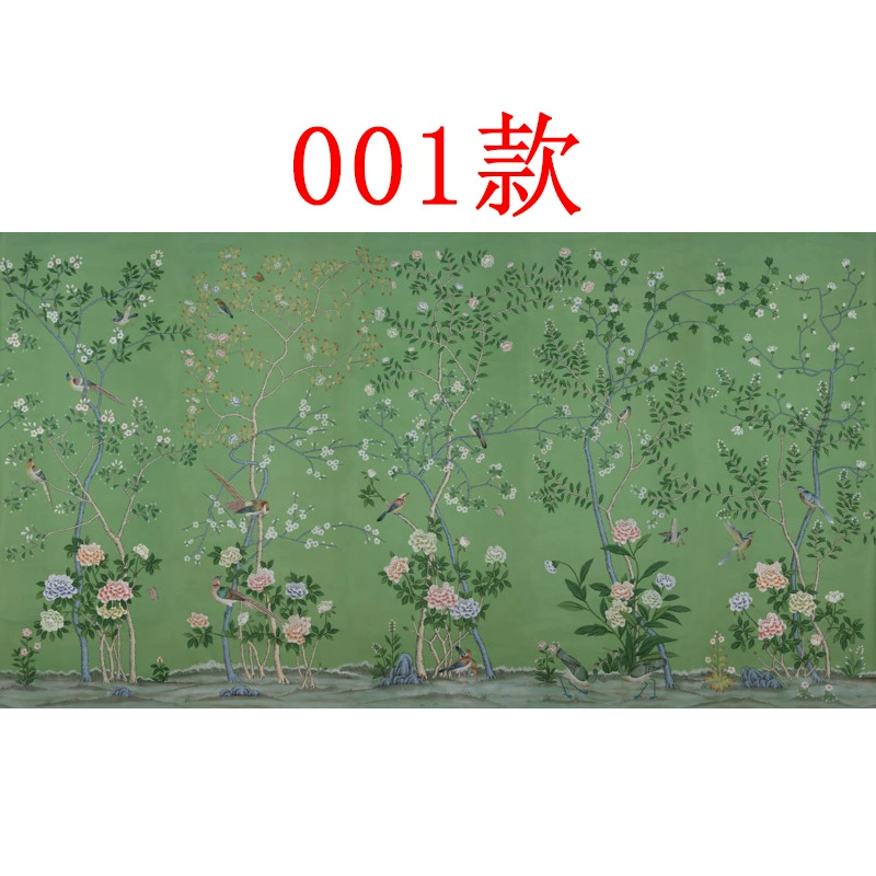 Wall mural wallpaper, green Chinese‑style flowers and birds, seamless TV background, multiple materials