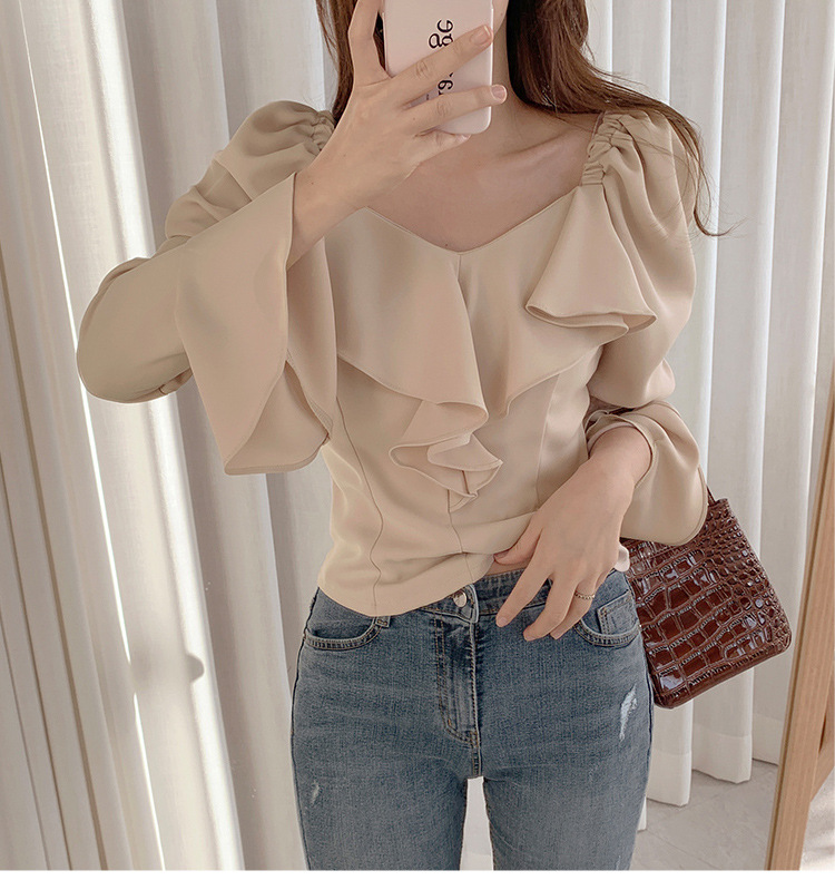 Solid Color Fungus Edge Slim Long-Sleeved Top NSFYF113703