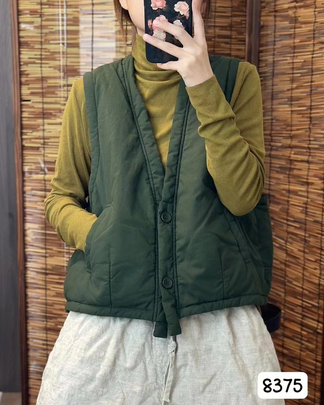 新款复古棉质金典棉马甲女V领无袖宽松外搭保暖开衫棉服|undefined