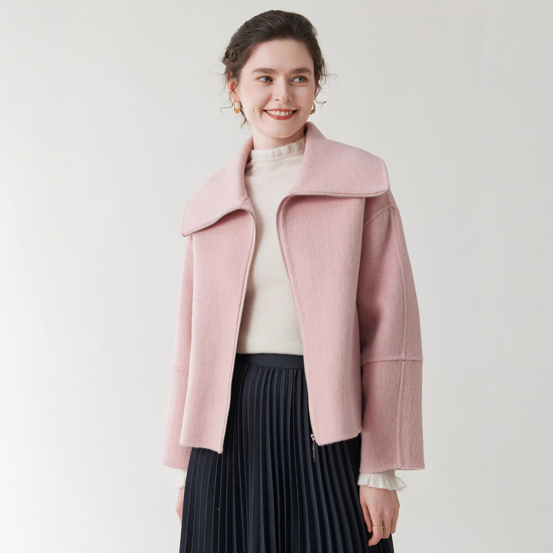 宽松拉链双面羊毛呢大衣女2025秋冬新大翻领短款羊绒毛呢外套粉色