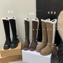 毛毛边雪地靴女2025年新款复古圆头加绒厚底粗跟不过膝骑士长筒靴