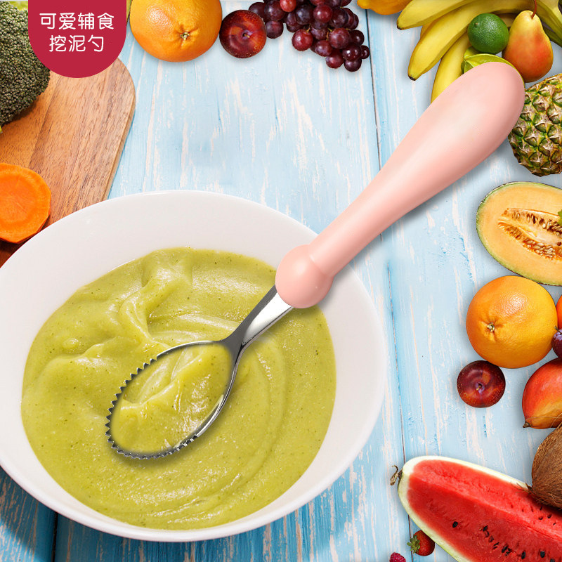 New Product Mud Scraping Spoon Baby Baby Food Supplemented Spoon Tool Stainless Steel Children's Tableware Fruit Mud Scraping Spoon Artifact