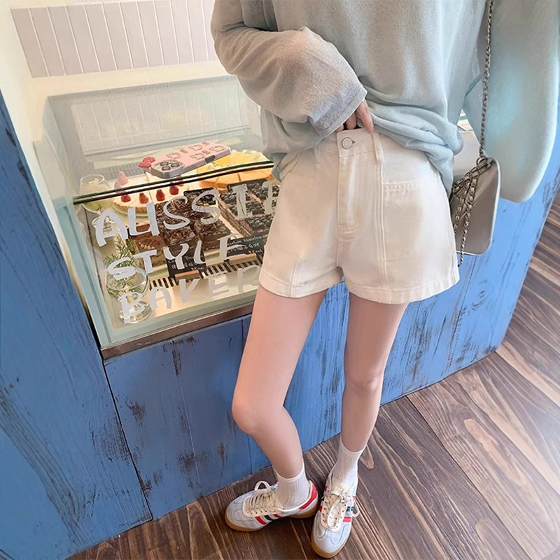 レトロなデザインのハイウエストデニムショートパンツ女性の夏薄い 2025 新しいルーズスリム A ラインワイドレッグホットパンツ|undefined